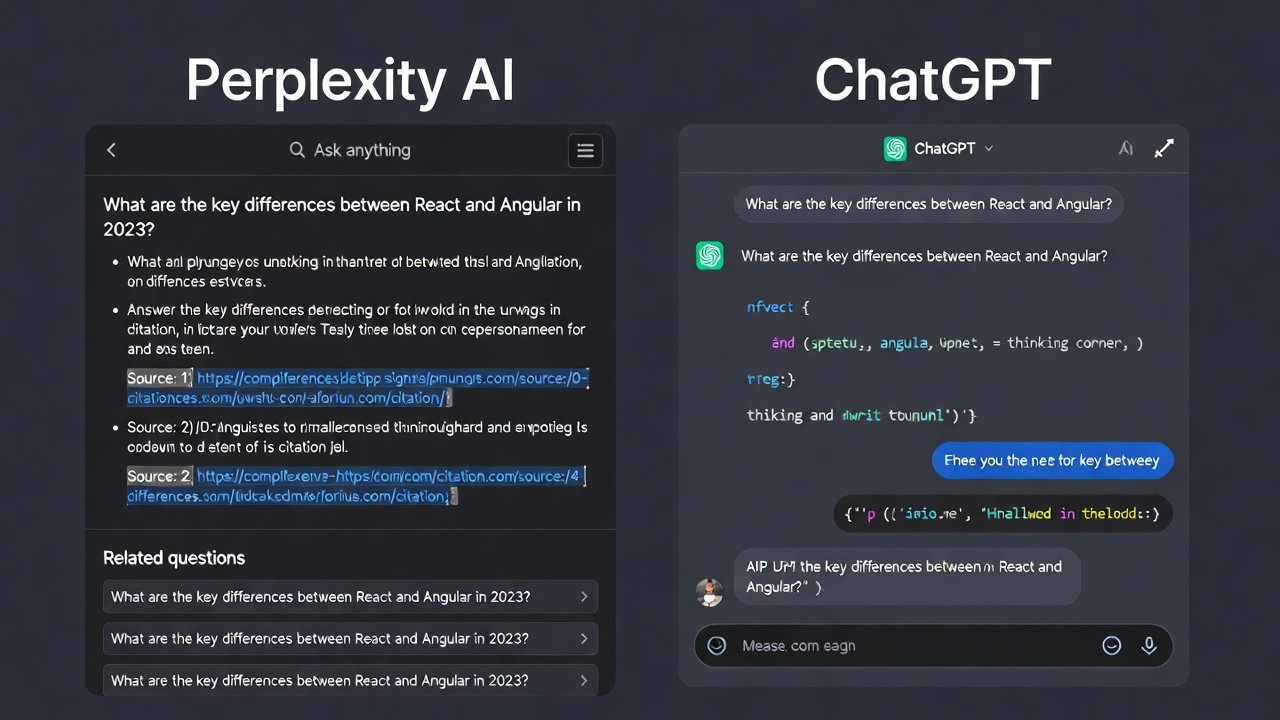 Side-by-side interface: Perplexity with citations vs ChatGPT conversational view