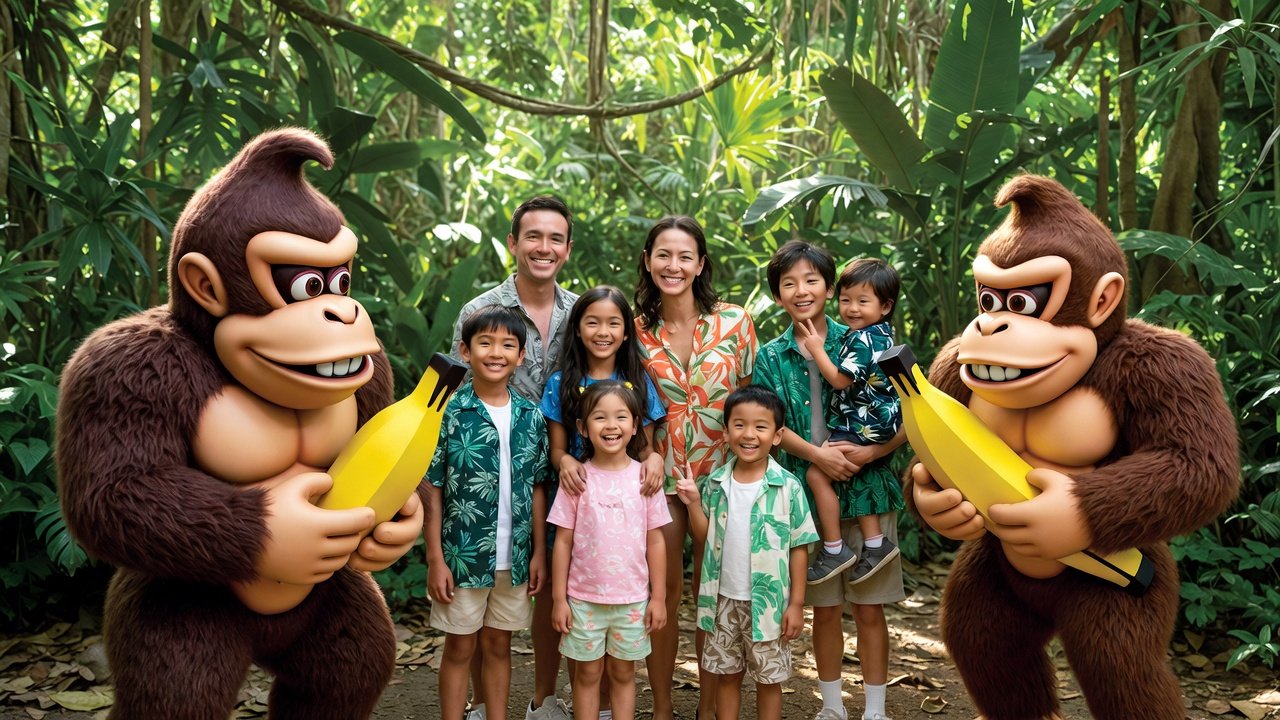 Donkey Kong and Diddy Kong meet-and-greet in jungle setting