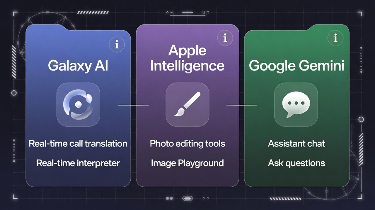 Comparison of Galaxy AI, Apple Intelligence, and Google Gemini interfaces