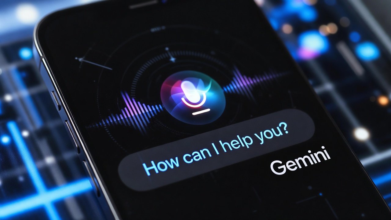 Siri interface on iPhone with Apple Intelligence glow and Gemini integration hints