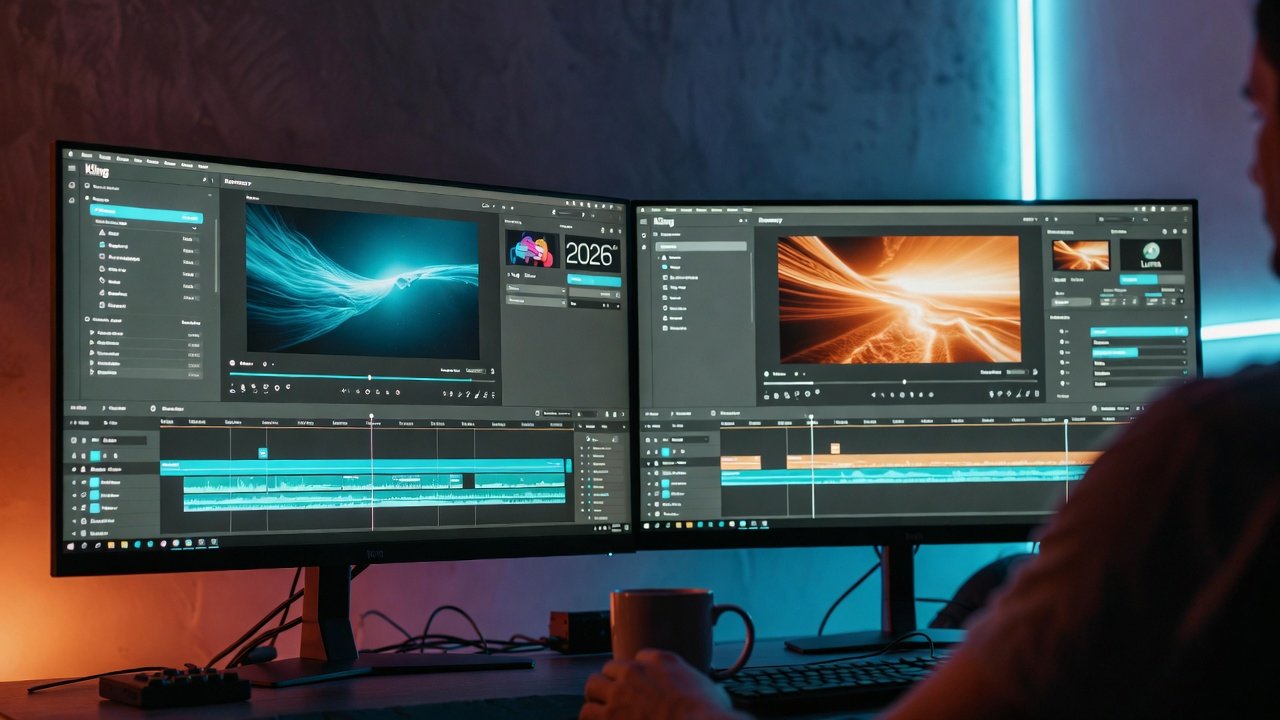 Creator using multiple AI video tools on dual monitors in 2026 workflow