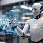 Physical AI humanoid robot interacting with digital interface