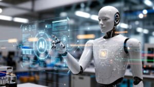 Physical AI humanoid robot interacting with digital interface