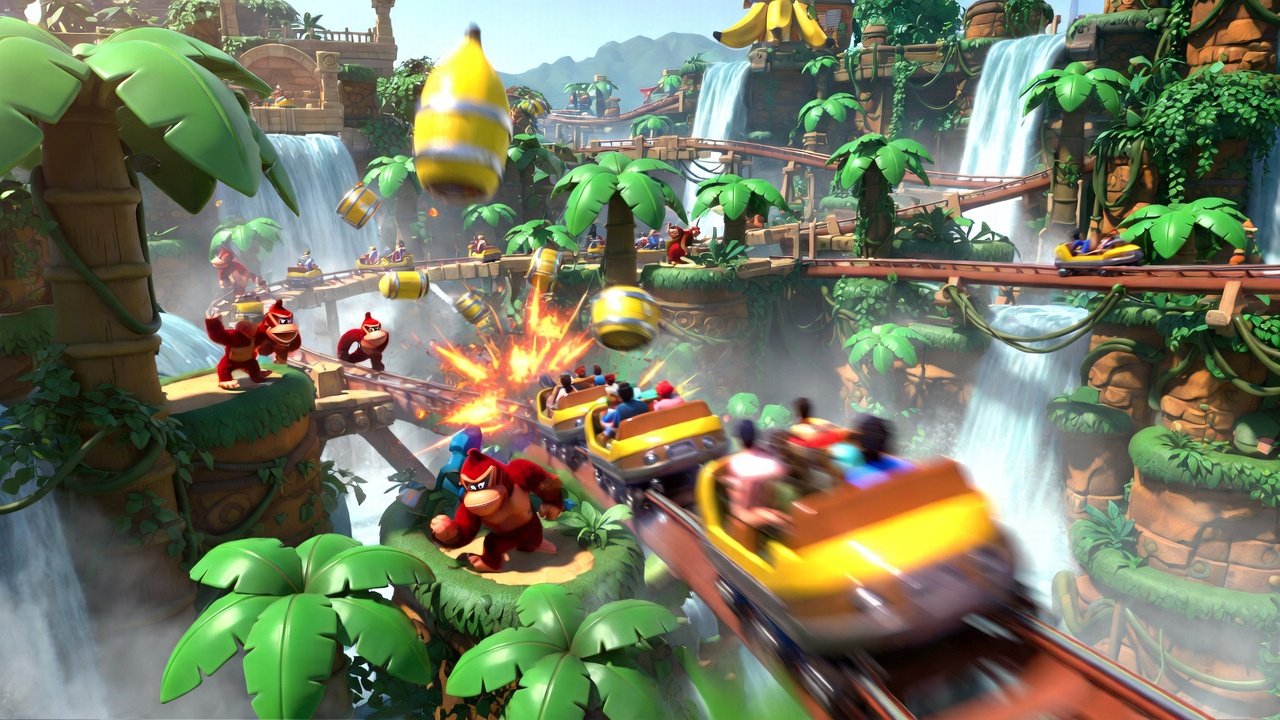 Guests riding Mine-Cart Madness coaster in Donkey Kong Country