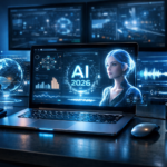 Beginner using AI tools in a futuristic digital workspace in 2026