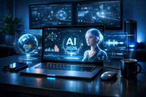Beginner using AI tools in a futuristic digital workspace in 2026