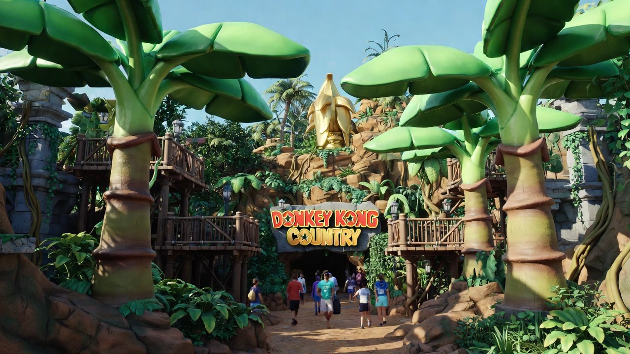 Jungle entrance to Donkey Kong Country at Universal Epic Universe with banana hoard theme