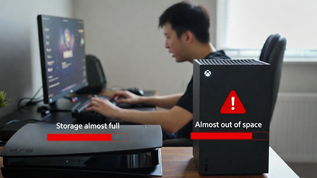 PS5 and Xbox with full storage warning icons