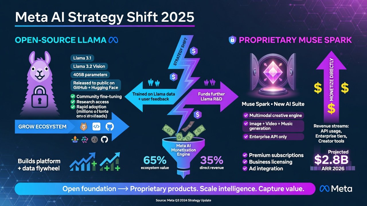 Meta AI strategy shift from open-source Llama to proprietary Muse Spark