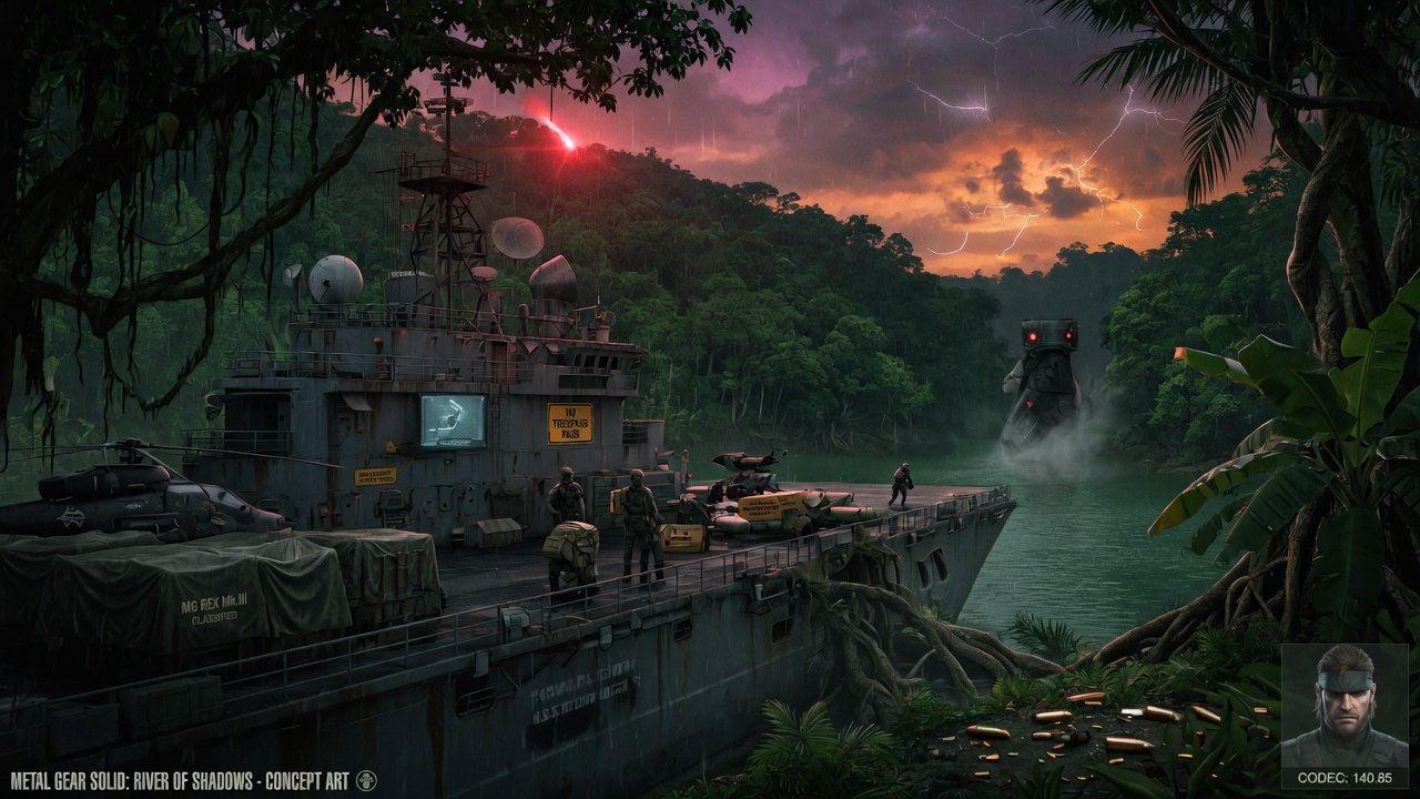 Cinematic Metal Gear Solid concept art with Snake and codec elements