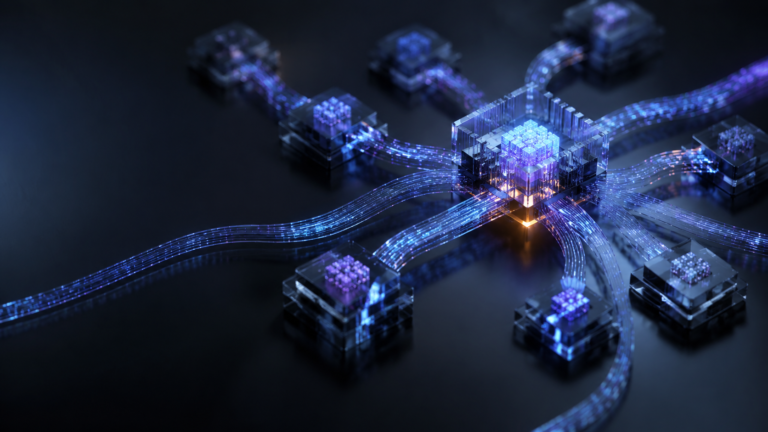 Abstract AI processing core coordinating multiple connected software tasks through luminous data paths.