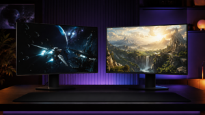 Two gaming monitors comparing a dark high-contrast space scene with a bright HDR fantasy landscape.