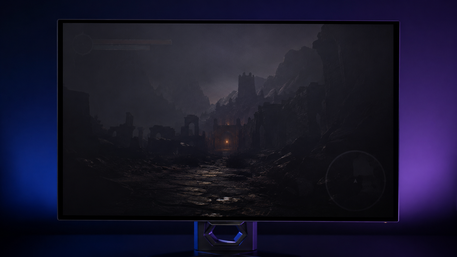 OLED gaming monitor showing faint static HUD elements as a visual explanation of image retention risk.